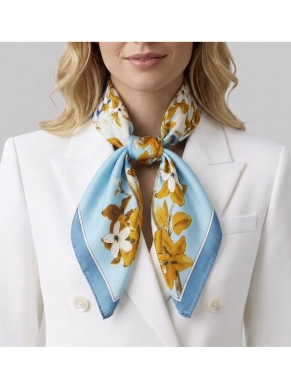 Luxurious Elegant Silky Square Scarf Teal White Floral Garden Soft Satin Bandana